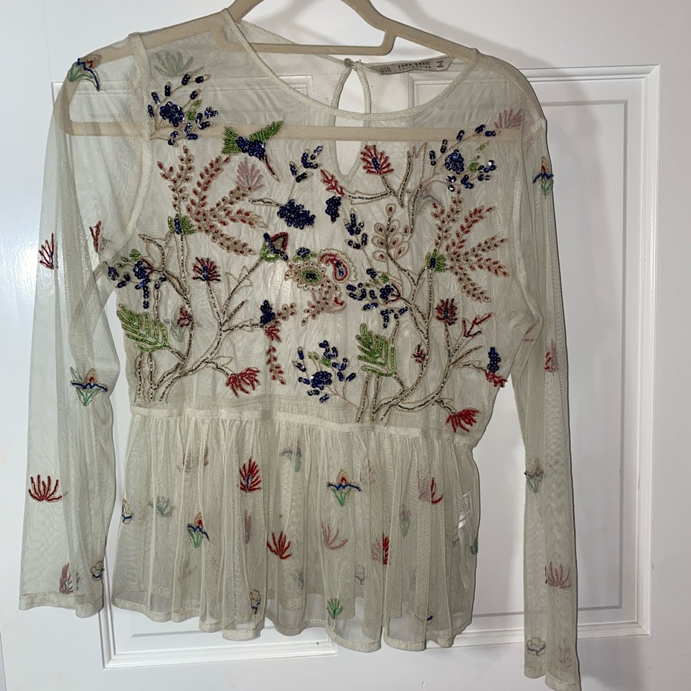 Zara XS sheer beaded peplum top, cream